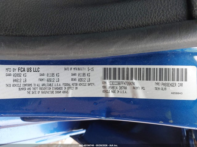 45194746 :رقم المزاد ، 1C3CCCBB7FN726474 vin ، 2015 Chrysler 200 S مزاد بيع