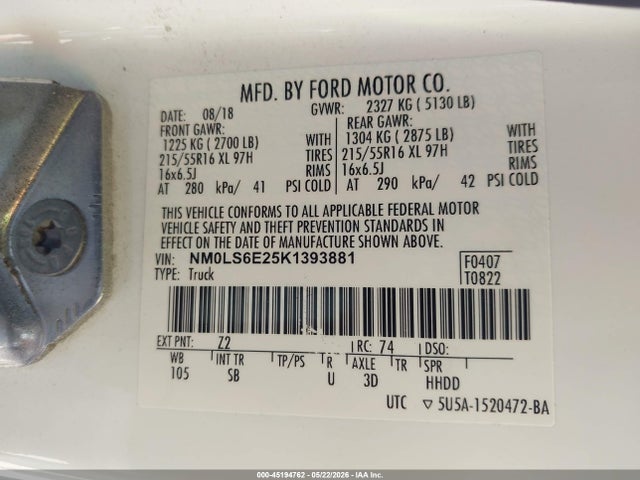 Aukcja sprzedaży 2019 Ford Transit Connect Xl, vin: NM0LS6E25K1393881, numer aukcji: 45194762