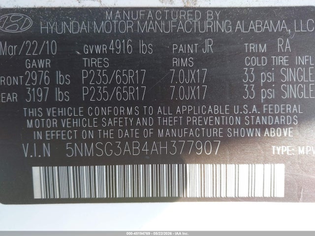 Продаж на аукціоні авто 2010 Hyundai Santa Fe Gls, vin: 5NMSG3AB4AH377907, номер лоту: 45194769