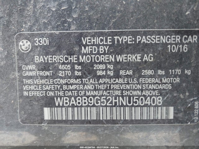 45194784 :رقم المزاد ، WBA8B9G52HNU50408 vin ، 2017 Bmw 330i مزاد بيع