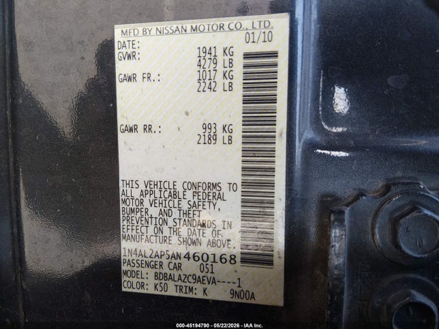 2010 Nissan Altima 2.5 მანქანა იყიდება აუქციონზე, vin: 1N4AL2AP5AN460168, აუქციონის ნომერი: 45194790