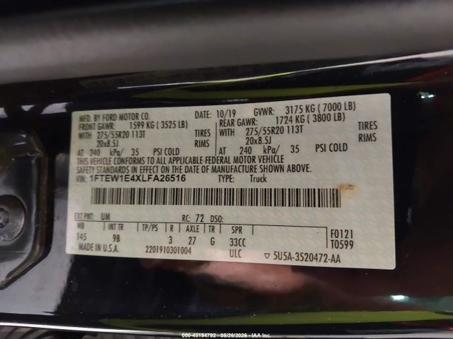 Aukcja sprzedaży 2020 Ford F-150 Platinum, vin: 1FTEW1E4XLFA26516, numer aukcji: 45194792