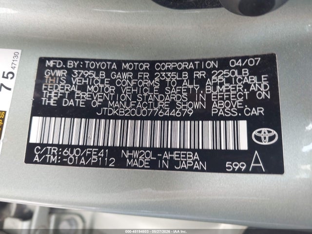 Aukcja sprzedaży 2007 Toyota Prius, vin: JTDKB20U077644679, numer aukcji: 45194803