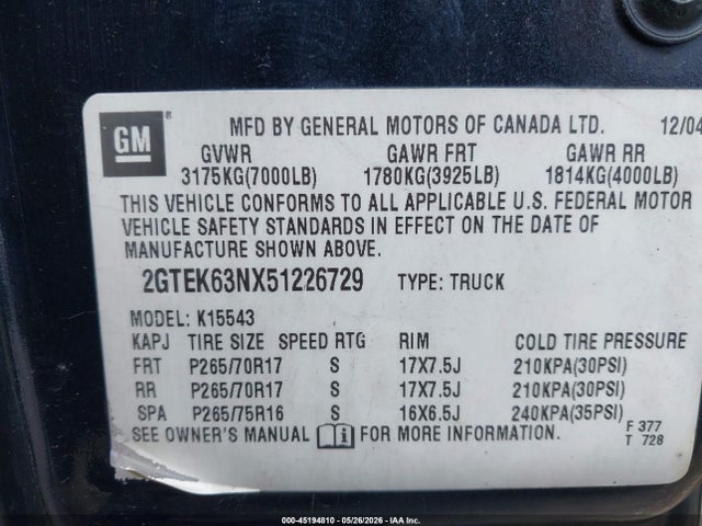 Aukcja sprzedaży 2005 Gmc Sierra 1500 Denali, vin: 2GTEK63NX51226729, numer aukcji: 45194810