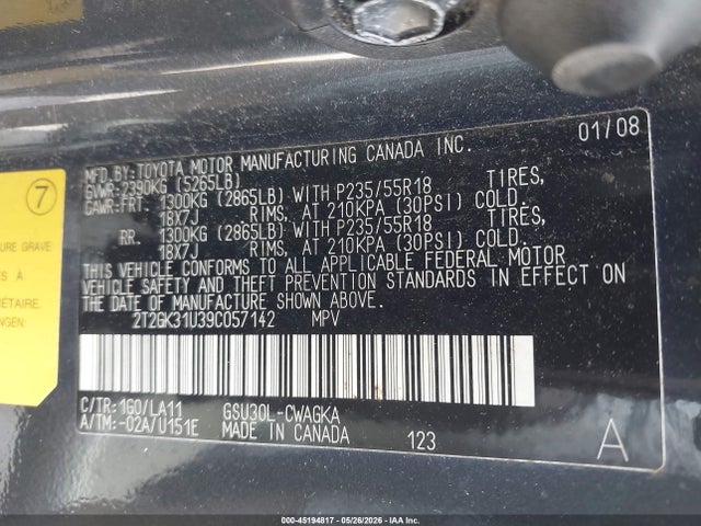 Aukcja sprzedaży 2009 Lexus Rx 350, vin: 2T2GK31U39C057142, numer aukcji: 45194817