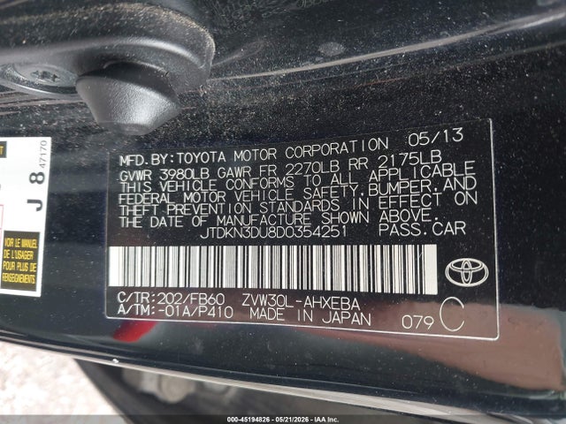 45194826 :رقم المزاد ، JTDKN3DU8D0354251 vin ، 2013 Toyota Prius Two مزاد بيع