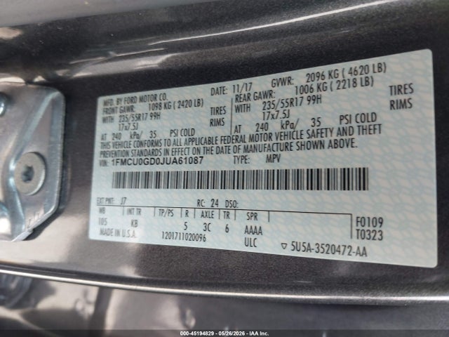 2018 Ford Escape Se მანქანა იყიდება აუქციონზე, vin: 1FMCU0GD0JUA61087, აუქციონის ნომერი: 45194829