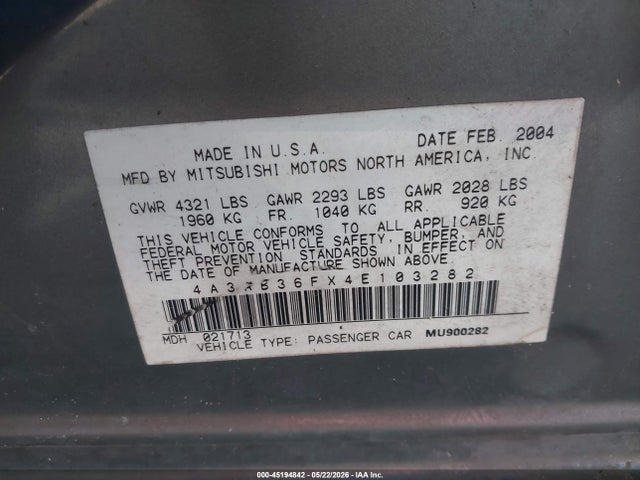 Продаж на аукціоні авто 2004 Mitsubishi Galant Es, vin: 4A3AB36FX4E103282, номер лоту: 45194842
