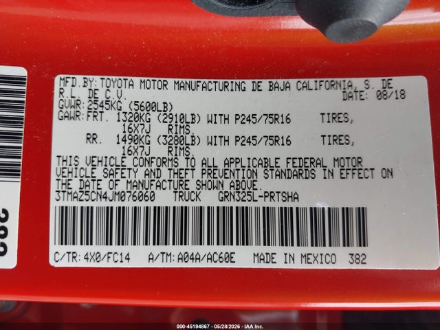 Aukcja sprzedaży 2018 Toyota Tacoma Sr5 V6, vin: 3TMAZ5CN4JM076060, numer aukcji: 45194867