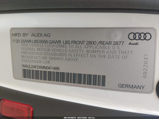 Aukcja sprzedaży 2021 Audi A6 Premium Plus 55 Tfsi Quattro S Tronic, vin: WAUL2AF26MN041485, numer aukcji: 45194870