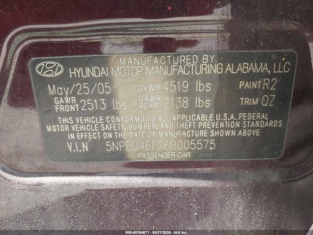 Продажа на аукционе авто 2006 Hyundai Sonata Gls V6/lx V6, vin: 5NPEU46F76H005575, номер лота: 45194871