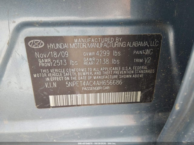 2010 Hyundai Sonata Gls მანქანა იყიდება აუქციონზე, vin: 5NPET4AC4A8656686, აუქციონის ნომერი: 45194878