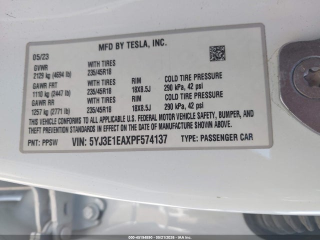 Aukcja sprzedaży 2023 Tesla Model 3 Rear-wheel Drive, vin: 5YJ3E1EAXPF574137, numer aukcji: 45194890