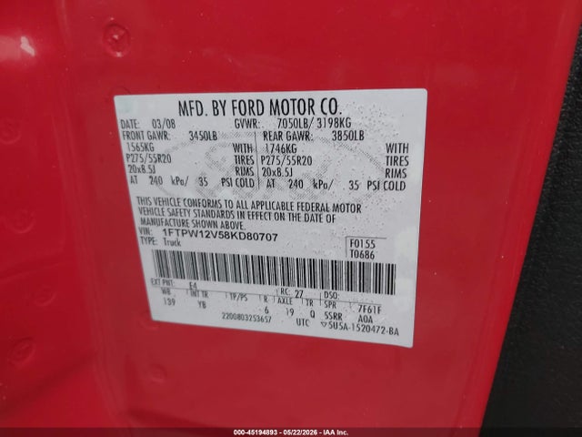 Продажа на аукционе авто 2008 Ford F-150 60th Anniversary/fx2/king Ranch/lariat/xlt, vin: 1FTPW12V58KD80707, номер лота: 45194893