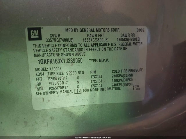 Aukcja sprzedaży 2007 Gmc Yukon Xl 1500 Slt, vin: 1GKFK163X7J239060, numer aukcji: 45194894