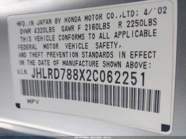 Продажа на аукционе авто 2002 Honda Cr-v Ex, vin: JHLRD788X2C062251, номер лота: 45194897