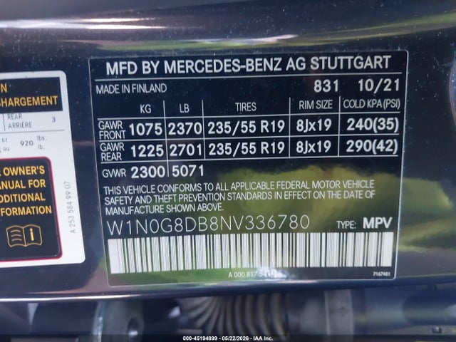 W1N0G8DB8NV336780 Mercedes-Benz Glc 300 Suv