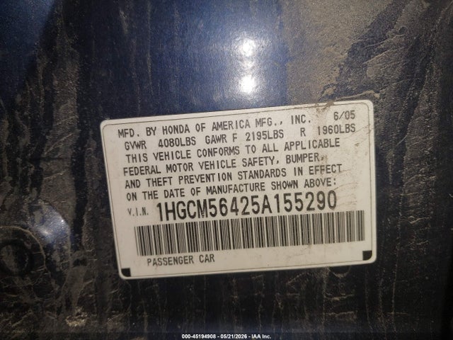 45194908 :رقم المزاد ، 1HGCM56425A155290 vin ، 2005 Honda Accord 2.4 Lx مزاد بيع