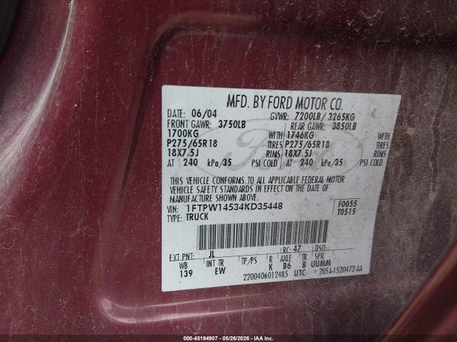 45194907 :رقم المزاد ، 1FTPW14534KD35448 vin ، 2004 Ford F-150 Fx4/lariat/xlt مزاد بيع