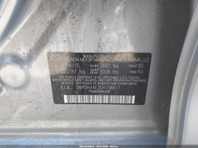 2016 Hyundai Elantra Se მანქანა იყიდება აუქციონზე, vin: 5NPDH4AE2GH738617, აუქციონის ნომერი: 45194910