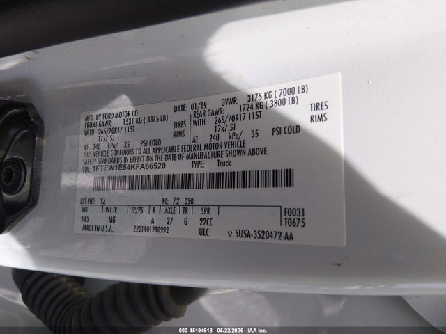 Aukcja sprzedaży 2019 Ford F-150 Xlt, vin: 1FTEW1E54KFA66520, numer aukcji: 45194918