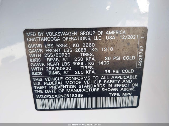 1V2KP2CA5NC518369 Volkswagen Atlas 2.0t Se W/technology