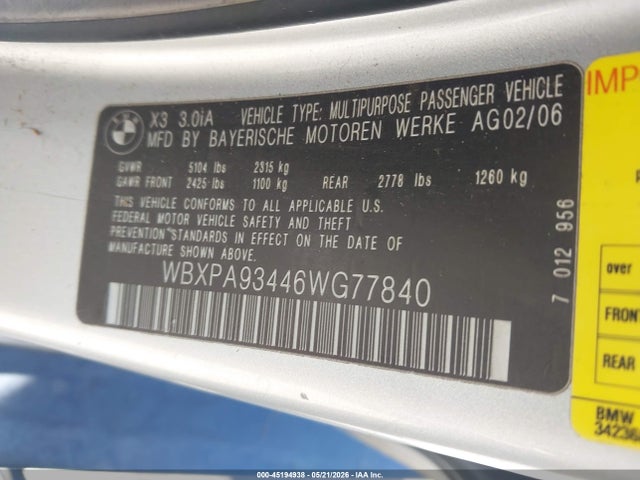 45194938 :رقم المزاد ، WBXPA93446WG77840 vin ، 2006 Bmw X3 3.0i مزاد بيع