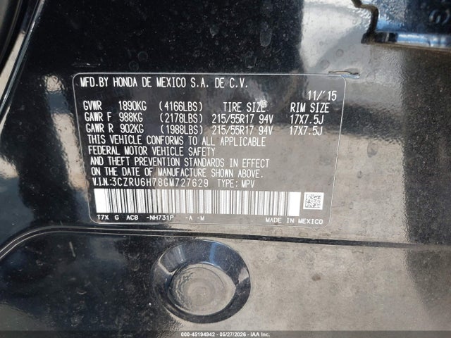 Auction sale of the 2016 Honda Hr-v Ex-l, vin: 3CZRU6H78GM727629, lot number: 45194942