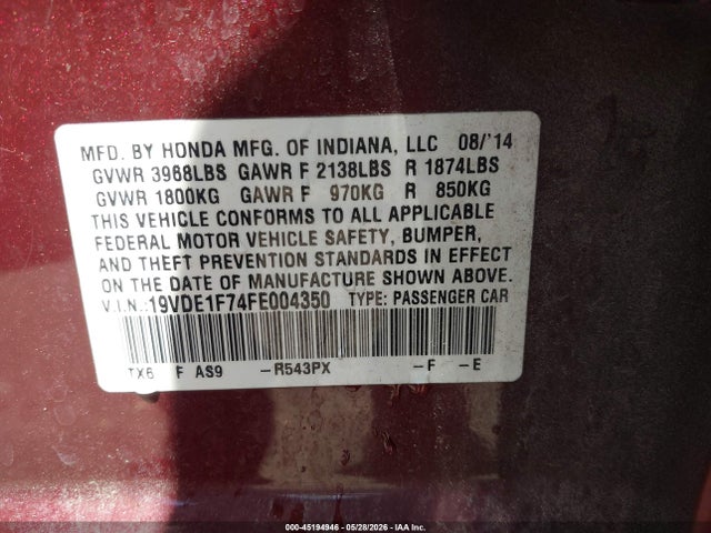 Aukcja sprzedaży 2015 Acura Ilx 2.0l, vin: 19VDE1F74FE004350, numer aukcji: 45194946