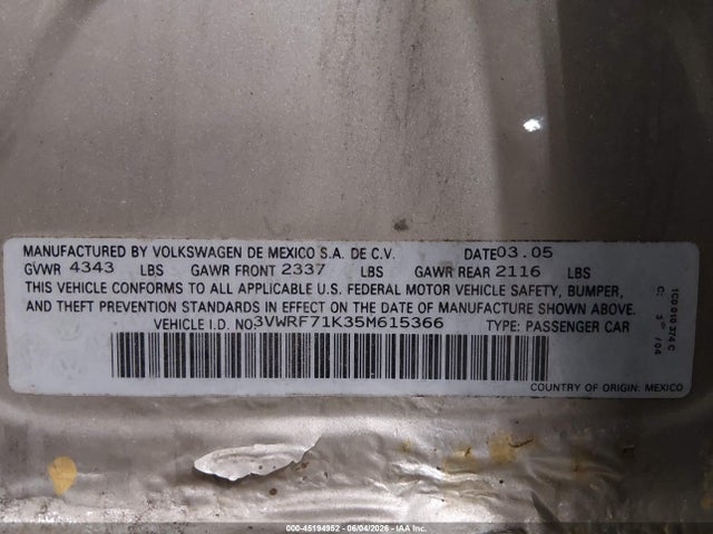 Aukcja sprzedaży 2005 Volkswagen Jetta 2.5, vin: 3VWRF71K35M615366, numer aukcji: 45194952