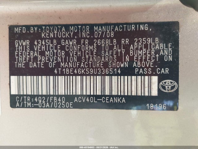 Продаж на аукціоні авто 2009 Toyota Camry Le, vin: 4T1BE46K59U336514, номер лоту: 45194953