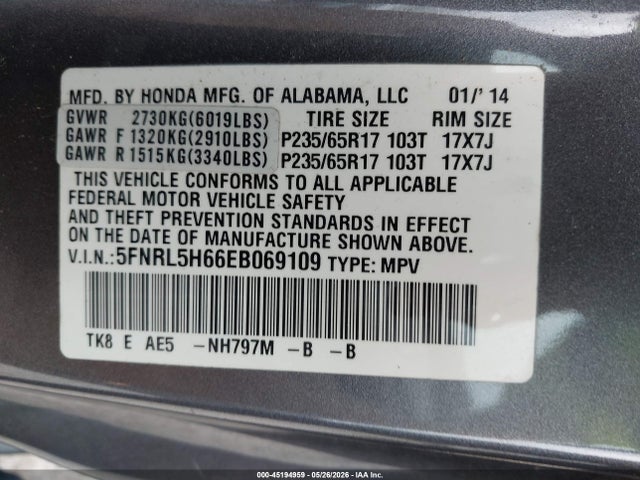 Продаж на аукціоні авто 2014 Honda Odyssey Ex-l, vin: 5FNRL5H66EB069109, номер лоту: 45194959