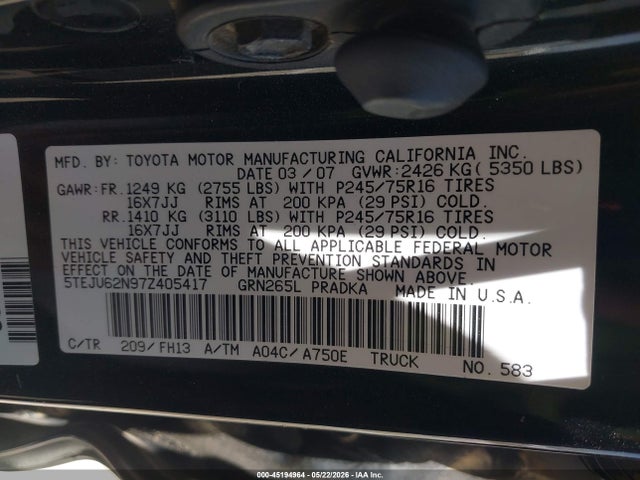 45194964 :رقم المزاد ، 5TEJU62N97Z405417 vin ، 2007 Toyota Tacoma Prerunner V6 مزاد بيع
