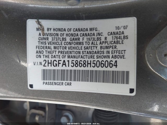 Продажа на аукционе авто 2008 Honda Civic Ex, vin: 2HGFA15868H506064, номер лота: 45194972