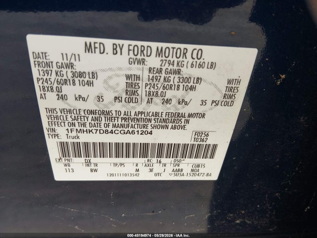 45194974 :رقم المزاد ، 1FMHK7D84CGA61204 vin ، 2012 Ford Explorer Xlt مزاد بيع