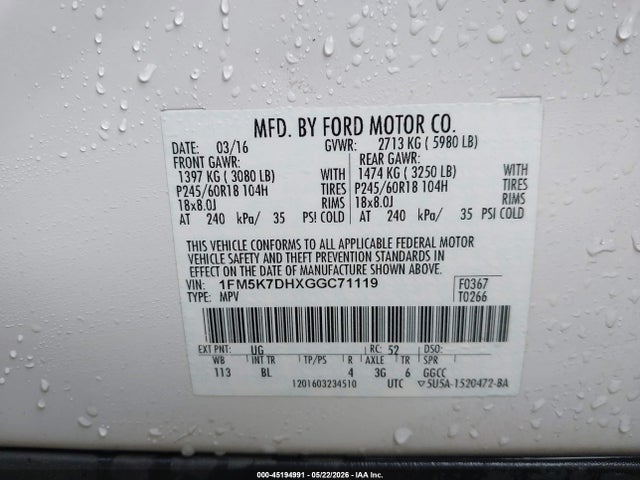 Продаж на аукціоні авто 2016 Ford Explorer Xlt, vin: 1FM5K7DHXGGC71119, номер лоту: 45194991