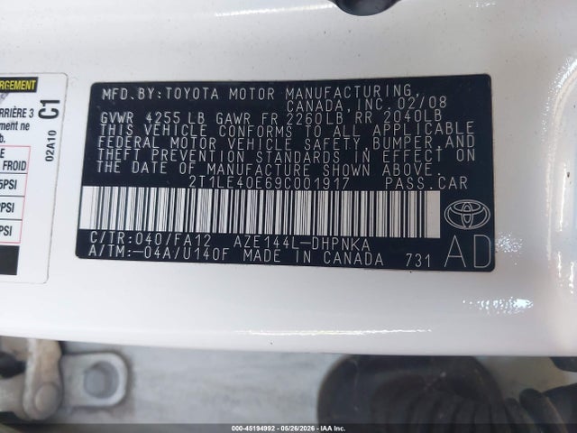 2009 Toyota Matrix S მანქანა იყიდება აუქციონზე, vin: 2T1LE40E69C001917, აუქციონის ნომერი: 45194992