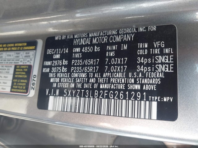 45195009 :رقم المزاد ، 5XYZT3LB2FG261291 vin ، 2015 Hyundai Santa Fe Sport 2.4l مزاد بيع