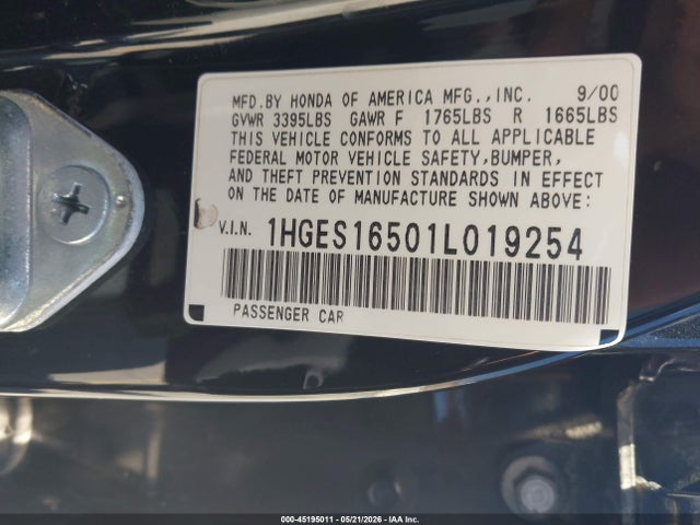 2001 Honda Civic Lx მანქანა იყიდება აუქციონზე, vin: 1HGES16501L019254, აუქციონის ნომერი: 45195011