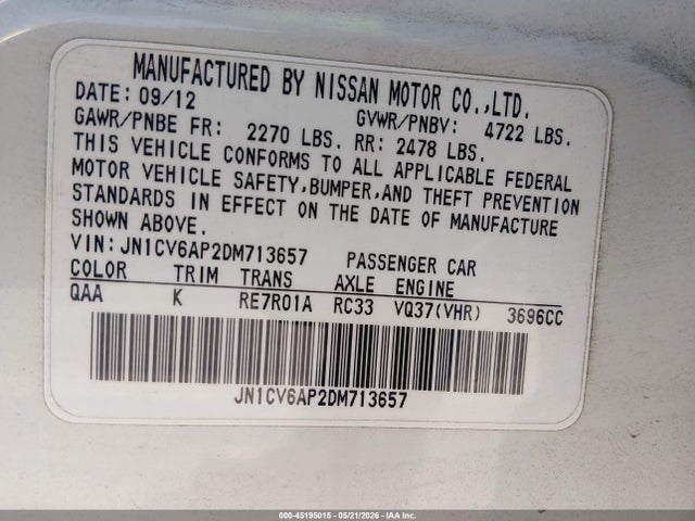2013 Infiniti G37 Journey მანქანა იყიდება აუქციონზე, vin: JN1CV6AP2DM713657, აუქციონის ნომერი: 45195015
