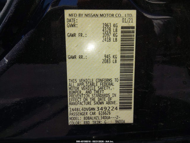 1N4BL4DV6MN349224 Nissan Altima Sv Fwd