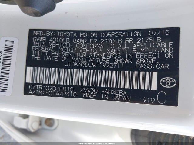 Toyota Prius Two 2015 JTDKN3DU9F1972711 Image 9