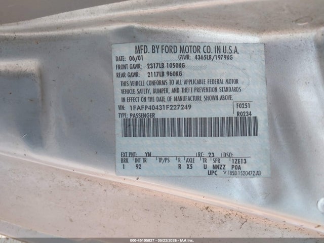 2001 Ford Mustang მანქანა იყიდება აუქციონზე, vin: 1FAFP40431F227249, აუქციონის ნომერი: 45195027