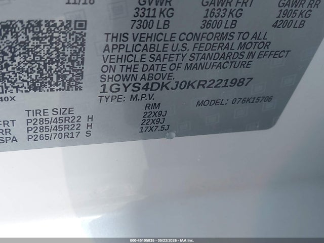 45195035 :رقم المزاد ، 1GYS4DKJ0KR221987 vin ، 2019 Cadillac Escalade Platinum مزاد بيع