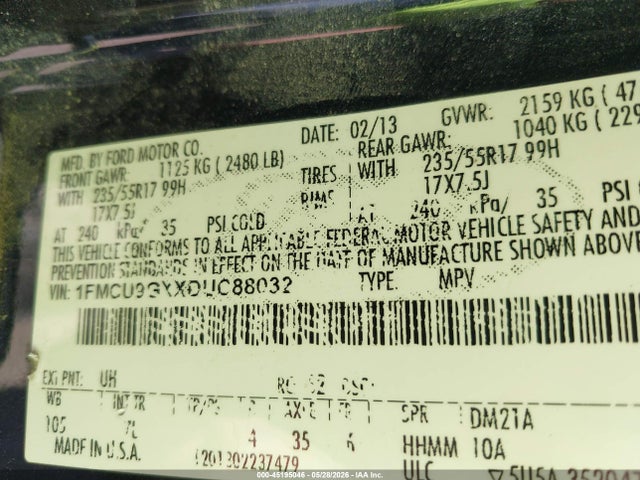 45195046 :رقم المزاد ، 1FMCU9GXXDUC88032 vin ، 2013 Ford Escape Se مزاد بيع