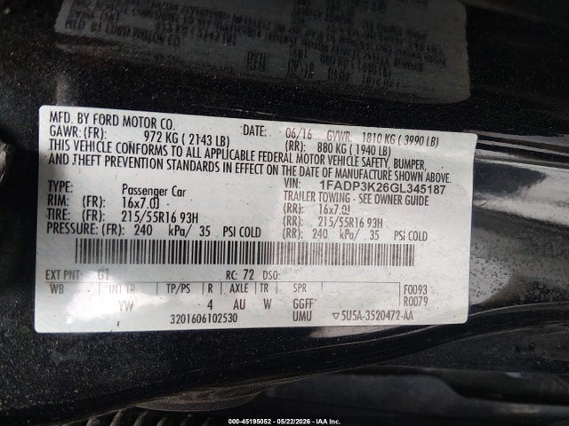 Aukcja sprzedaży 2016 Ford Focus Se, vin: 1FADP3K26GL345187, numer aukcji: 45195052