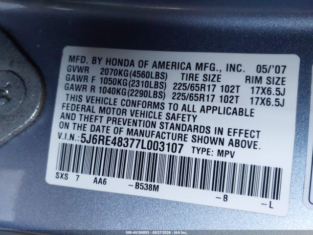 Продаж на аукціоні авто 2007 Honda Cr-v Lx, vin: 5J6RE48377L003107, номер лоту: 45195053