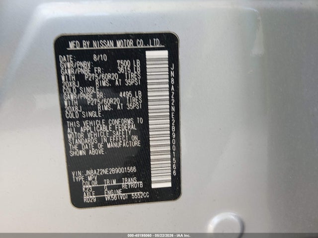 45195060 :رقم المزاد ، JN8AZ2NE2B9001566 vin ، 2011 Infiniti Qx56 مزاد بيع