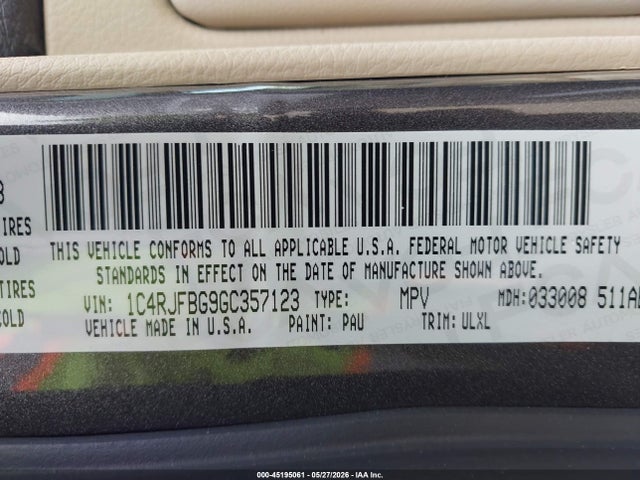 45195061 :رقم المزاد ، 1C4RJFBG9GC357123 vin ، 2016 Jeep Grand Cherokee Limited مزاد بيع