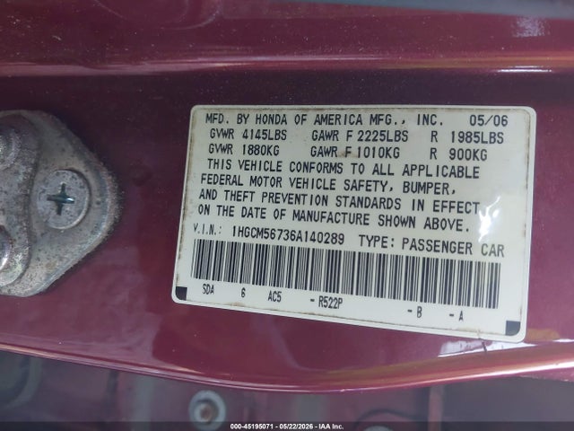 2006 Honda Accord 2.4 Ex მანქანა იყიდება აუქციონზე, vin: 1HGCM56736A140289, აუქციონის ნომერი: 45195071